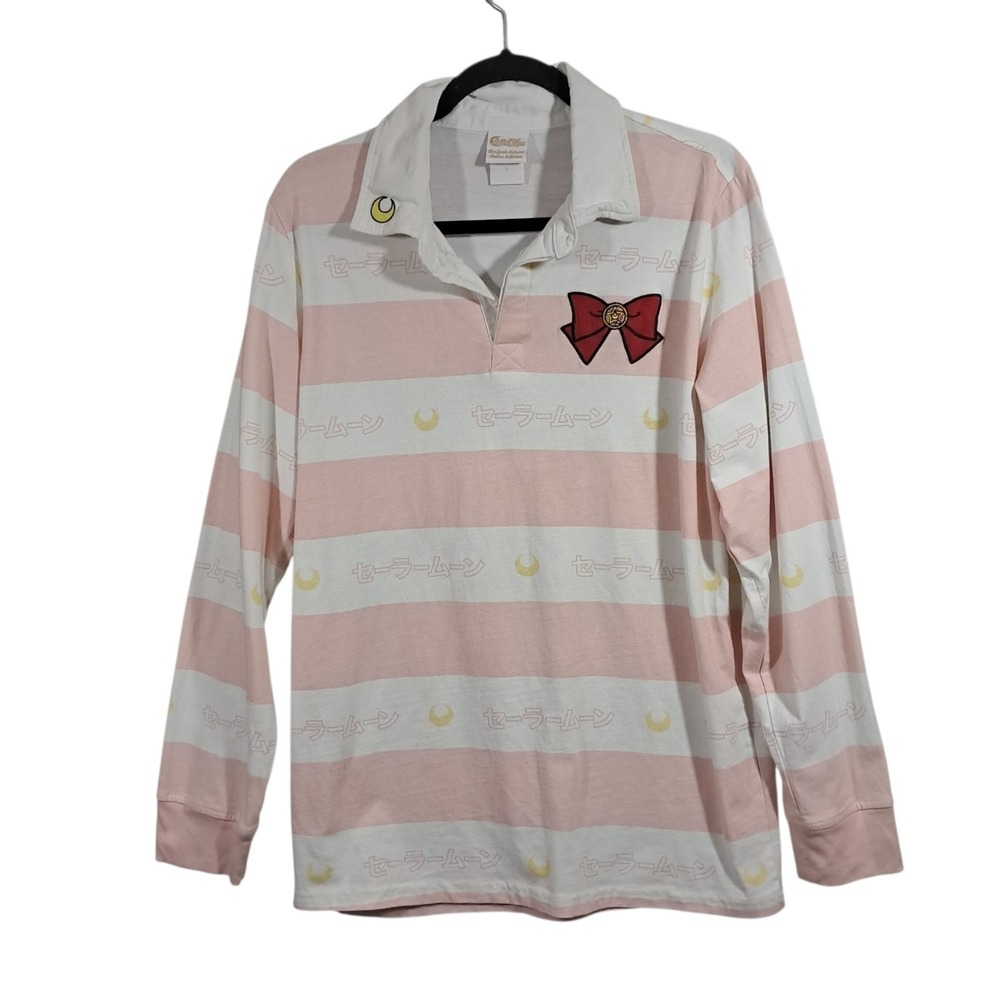 Sailor Moon Polo Shirt Womens Largeβ Stripped Pink White Anime Bow Academia Top